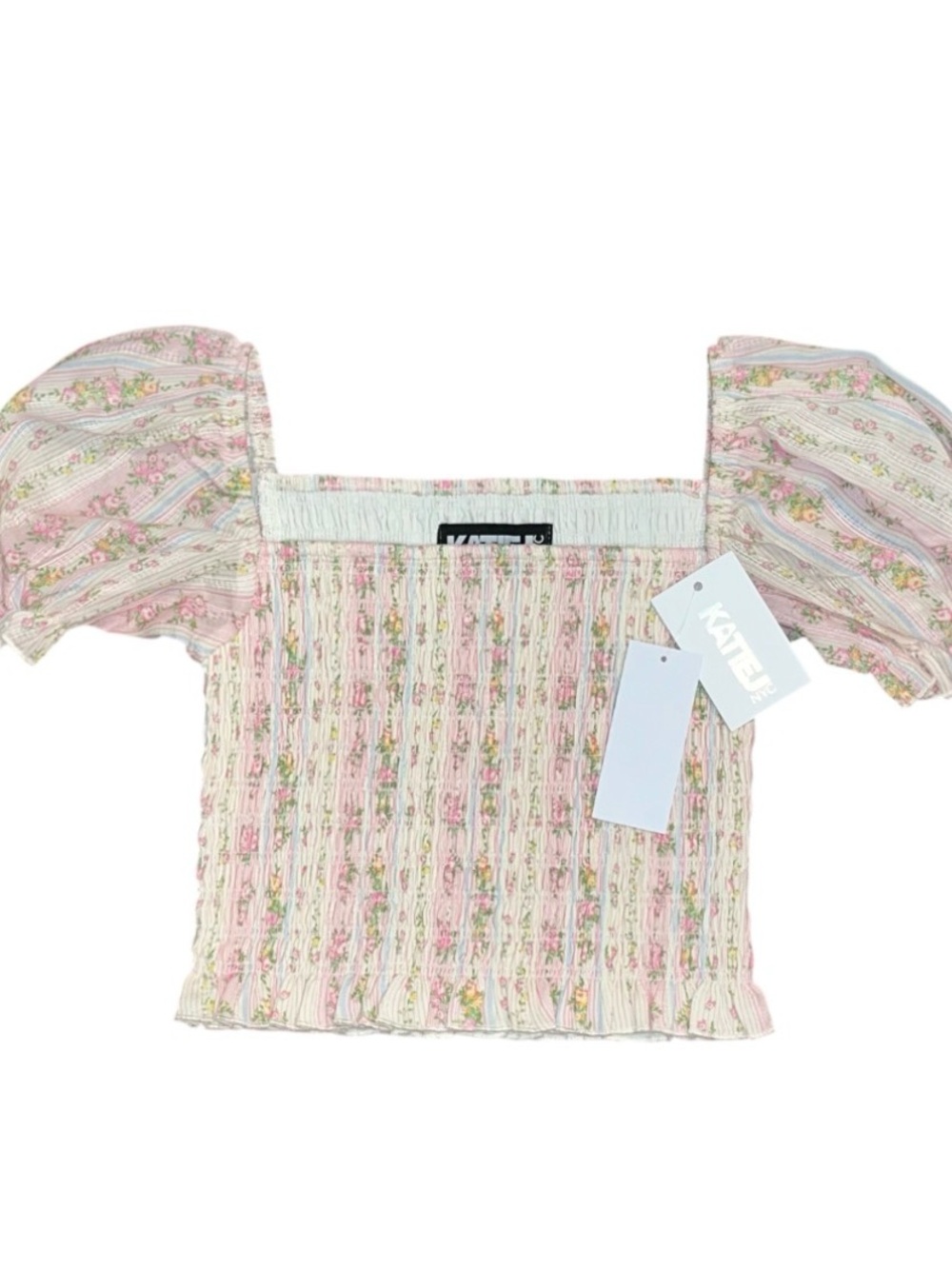 Katie J NYC Pink Yellow Floral Smocked Crop Puff Sleeve Top Ruffle NWT XL